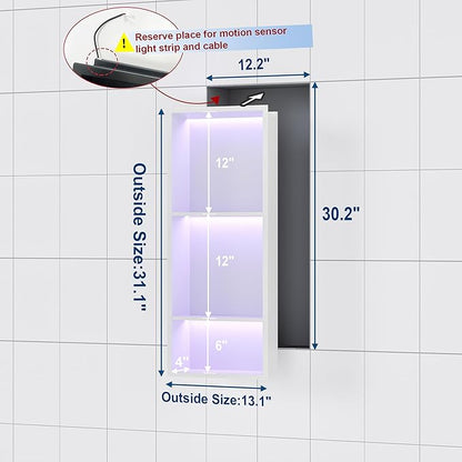 Stainless Steel Shower Niche 12" X 30", No Tile Needed Wall Niche with RGB Led Light, Recessed Shower Shelf for Bathroom Storage Over Mount Installation, Matte White