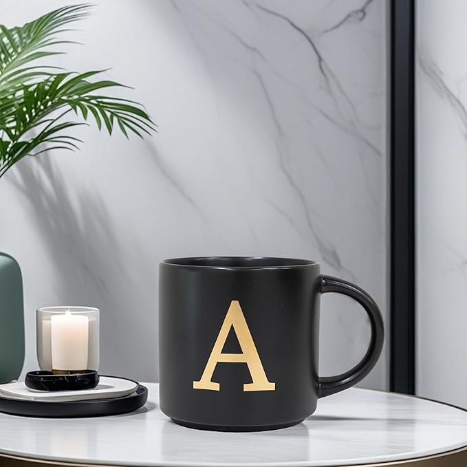 COLLECTIVE HOME - Monogram Ceramic Mugs, 15 oz Golden Initial Black Coffee Cups, Elegant Alphabet Tea Mugs, Elegant Personalized Mug with Gift Box, Unique Mug with Double Side Capital Lette (A-1)