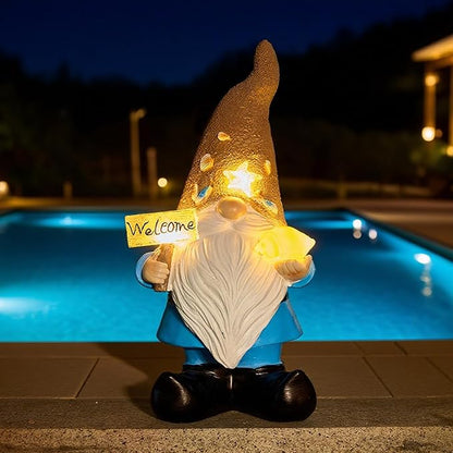 Solar Garden Gnomes Decor Outdoor Statue - Gnome Welcome Sign with LED Waterproof Sculptures Lights, Gnome Pond/Yard Statues Outside Decoration, Home, Lawn, Patio, Resin Ornament, Gardening Gift