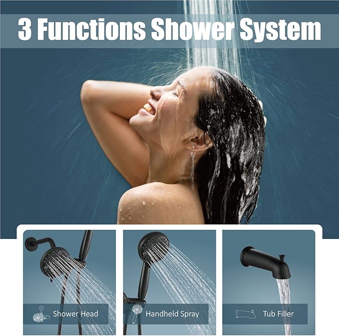 Aolemi Tub Shower Faucet Set with Tub Spout Rain Shower Head System Shower Trim Kit Pressure Rough-in Valve Included ABS 8 Setting Dual Shower Head and Handheld Spray Matte Black
