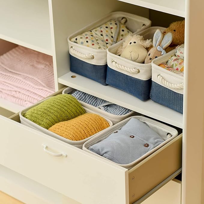TheWarmHome Storage Bins for Shelves - 12x8x5.2 inch 1 Pack Baskets for Gifts Empty, Fabric Storage Cubes for Closet Organizing Dog Gift Cloth Toy (White & Jean Blue)
