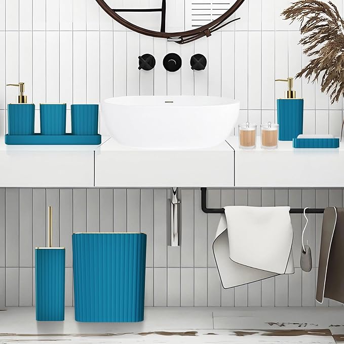 Bathroom Accessories Set - Gorgeous Bathroom Set, 10PC Teal Bathroom Accessory Set, Toilet Brush, Trash Can, Qtip Holder Dispenser & Soap Dispenser