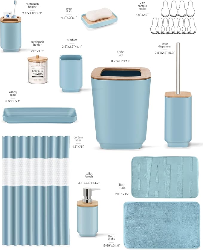 Bathroom Accessories Set,Blue Bathroom Set,24 Pieces Bathroom Accessory Set with Shower Curtain,Trash Can for Bathroom Accessories Décor and Home Gifts