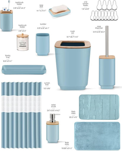 Bathroom Accessories Set,Blue Bathroom Set,24 Pieces Bathroom Accessory Set with Shower Curtain,Trash Can for Bathroom Accessories Décor and Home Gifts