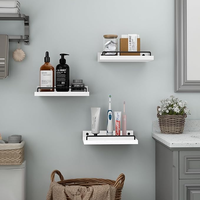 Small Floating Shelf, 6X9 Inches Farmhouse Wall Shelves for Living Room, Bedroom, Picture Frames, Plants, Kitchen, Set of 3 (White and Black)