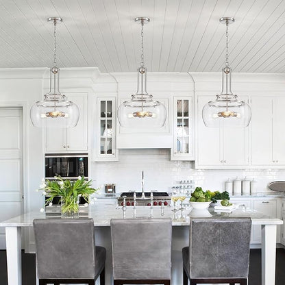 WUZUPS Chandelier Rustic Farmhouse Industrial Round Ceiling Pendant LED Light Fixture Clear Seeded Glass Shade for Dining Room Kitchen Island Foyer Entryway, H 20.9" x W 15.9", Brushed Nickel