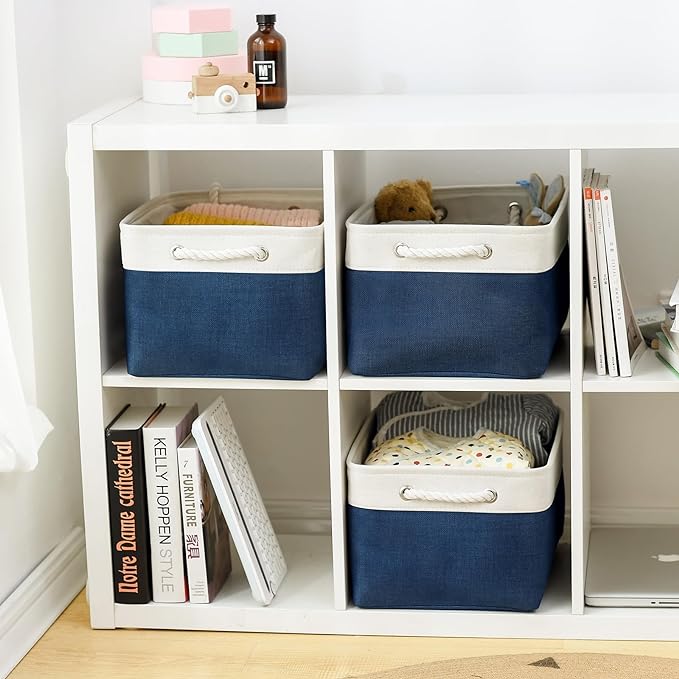 TcaFmac Organization and Storage Basket for Gifts Empty - 16x12x8 inch Large 4 Pack Collapsible Storage Box for Organizing, Fabric Storage Cubes for Cloth Toy Books Shelves(White & Jean Blue)