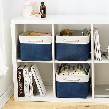 TheWarmHome Collapsible Storage Bin for Shelves - Large 3 Pack 16x12x8 inch Storage Basket for Organizing with Handles, Canves Storage Box for Organizer Toy Closet Cloth Gift (White & Jean Blue)
