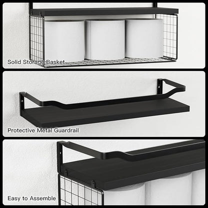 WOPITUES Floating Shelves with Wire Storage Basket, Bathroom Shelves Over Toilet with Protective Metal Guardrail, Wood Wall Shelves for Bathroom, Bedroom, Living Room, Toilet Paper-Black
