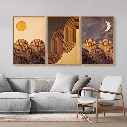 Tinonedraw Boho Mountain Framed Canvas Wall Art Set, Mid Century Modern Geometric Line Wall Decor, Bohemian Sun and Moon Art Paintings, Beige Brown Wooden Artwork for Living Room Bedroom Office 16"x24"x3