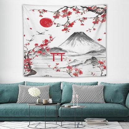 Red Cherry Blossoms Tapestry, Japanese Fuji Mountain Tapestry, Asian Japanese Wall Tapestry, Nature Landscape Tapestries for Bedroom Living Room Decor 60"x50"