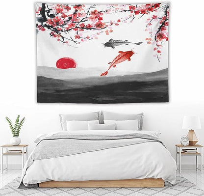 Houselerax Japanese Koi Fish Tapestries, Cherry Blossoms Asian Oriental Flower Branch Koi Fish Carp Tapestry Wall Hanging for Bedroom Living Room Office Decor 80"x60"
