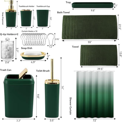 Dark Green Bathroom Accessories, 24 Pieces Green and Gold Bathroom Accessories Set with Shower Curtain, Bath Towels, Trash Can, Soap Dispenser and Soap Dish for Bathroom/Housewarming