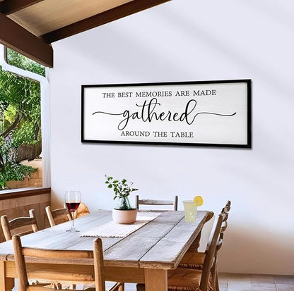 The Best Memories are Made Gathered Around The Table Sign Framed Wall Art, 40''×15'' Rustic Horizontal Plaque with Black Frame for Dinning Living Room, Long Home Family Wood Sign Wall Decor