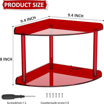 2 Tier Acrylic Corner Shelf Organizer Storage 9.5x9.5x8 Inch, Red Countertop Corner Shelf for Bathroom, Kitchen, Bedroom, Office, Study Room