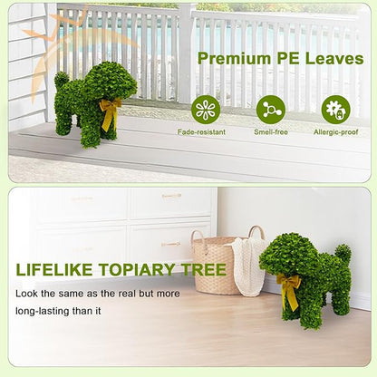 2 Pcs Artificial Bunny Shaped Topiary Trees, Artificial Green Boxwood Bunny Decorations with Gold Bow, Perfect for Indoor & Outdoor Front Porch, Easter& Garden Decor (Boxwood Dog Tree)