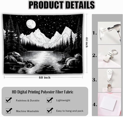 keowhsf Starry Night Mountain Lake Tapestry Black and White Tapestries Aesthetic Moon and Stars Wall Hanging Dark Nature Forest Tapestry for Bedroom Living Room Dorm Decor