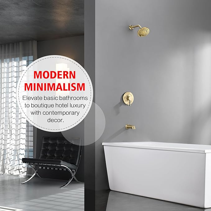 sumerain Modern Shower Faucet Set with 6-Spray Shower Head, Tub Spout and Shower Trim Kit with Valve, Brushed Gold Finish
