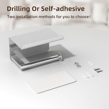 Self-Adhesive Toilet Paper Roll Holder - Wall Mount Or Adhesive Toilet Paper Holder with Shelf,Toilet Roll Holder, Tissue Holder for Bathroom,Wall Toilet Paper Holder, Stainless Steel,Chrome