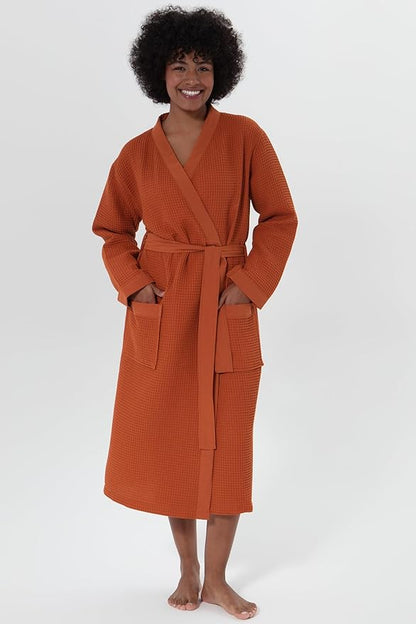 Women’s Luxury Waffle Shawl Collar, Hooded Robe w Piping – Lightweight, Long, Ultra Soft Spa Sleepwear Bathrobe