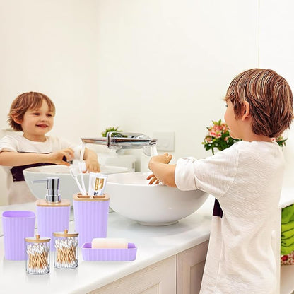 Purple Bathroom Accessory Set, Light Purple Bathroom Set with Trash Can, Tray, Toothbrush Holder,Toothbrush Cup,Soap Dispenser,Soap Dish,Toilet Brush and Qtip Holders