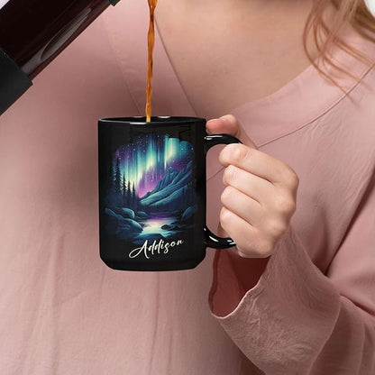 Customized Name Coffee Cup 11oz 15oz, Personalized Northern Lights Landscape Mug, Scenic Mountain And River Black Cup, Custom Northern Lights Inspired Ceramic Mug, Gift For Women