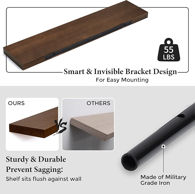 Axeman Floating Shelves, 8 Inch Deep Modern Solid Wood Wall Shelves for Storage, Wall Mounted Display Shelving with Invisible Heavy-Duty Metal Bracket, 36" W x 8" D x 1.57" H, Walnut Finish