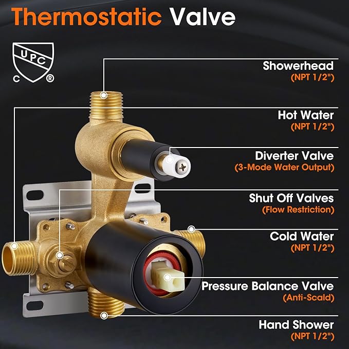 Rainfall Shower Head System with Pressure Balance Valve 9 Inch Bathroom Luxury Rain Mixer Shower Combo Set Wall Mounted Antique Shower Faucet Sets with Vintage Handheld Spray Matte Black