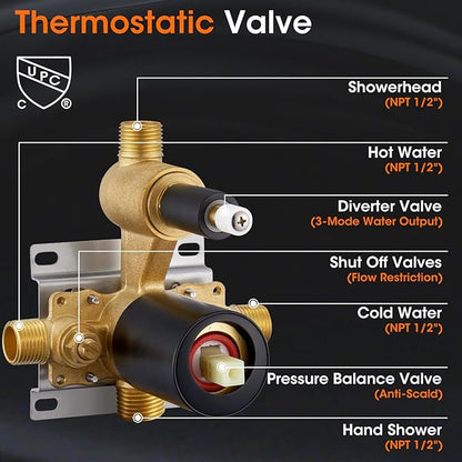 Rainfall Shower Head System with Pressure Balance Valve 9 Inch Bathroom Luxury Rain Mixer Shower Combo Set Wall Mounted Antique Shower Faucet Sets with Vintage Handheld Spray Matte Black