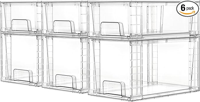 Vtopmart 6 Pack Clear Stackable Storage Drawers,Easy to Assemble Bathroom Organizers and Storage with handles,Plastic Drawers for Kitchen Pantry,Cabinet,Under Sink Organization