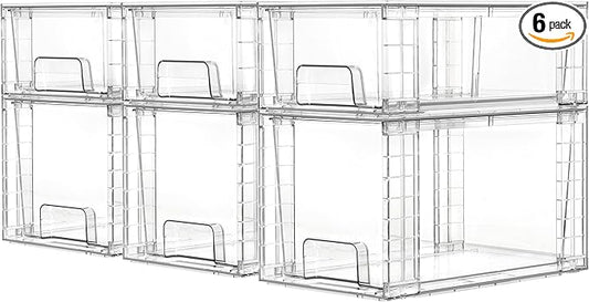 Vtopmart 6 Pack Clear Stackable Storage Drawers,Easy to Assemble Bathroom Organizers and Storage with handles,Plastic Drawers for Kitchen Pantry,Cabinet,Under Sink Organization