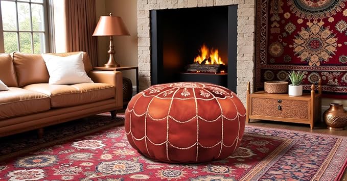 Stuffed Arch Design Moroccan Leather Pouf Ottoman, Handmade, Pre-Filled, 100% Genuine Leather, 14” Height x 22” Diameter – Boho Chic Footstool & Living Room Décor (Honey Cognac)