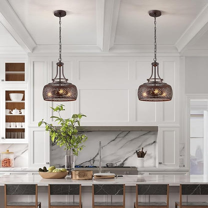 WUZUPS Chandelier Rustic Farmhouse Industrial Round Ceiling Pendant LED Light Fixture with Later-Cut Openwork Drum Shade, H 15.7" x W 13.4", Oil Rubbed Bronze