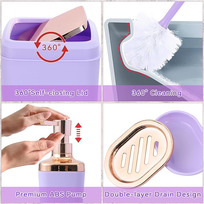 Purple Bathroom Accessories, 24 Pieces Light Purple Bathroom Accessories Set with Shower Curtain, Bath Towels, Trash Can, Soap Dispenser and Soap Dish for Bathroom/Housewarming
