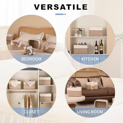 4 Pack Storage Baskets for Organizing, Woven Baskets for Shelves - Perfect for Toys, Books, Towels, and Clothes, Durable Gift Basket Bins Toy Storage, 12.7''Lx9''Wx7.8''H, Brown & White