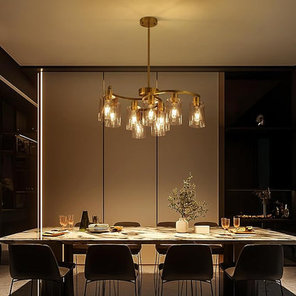 9-Light Gold Glass Chandelier, Adjustable Height Dining Room Light Fixtures Over Table, Contemporary Hanging Chandelier for Kitchen Island Living Room Foyer Office, Clear Glass Shade