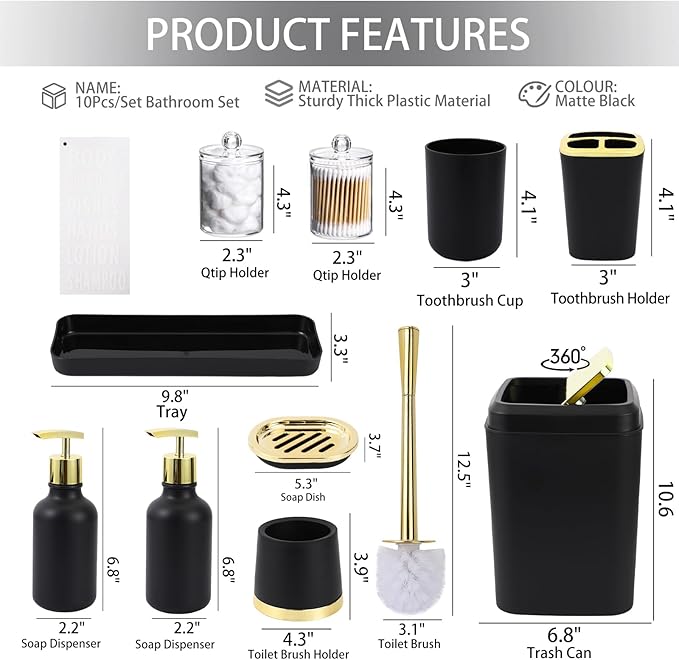 Black and Gold Bathroom Accessories Set - 10 Piece Bathroom Sets with Trash Can, Soap Dispenser, Soap Dish, Toothbrush Holder and Cup, Toilet Brush, Qtip Holder, Bathroom Accessory Set Complete