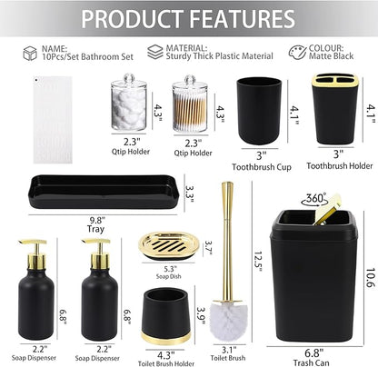 Black and Gold Bathroom Accessories Set - 10 Piece Bathroom Sets with Trash Can, Soap Dispenser, Soap Dish, Toothbrush Holder and Cup, Toilet Brush, Qtip Holder, Bathroom Accessory Set Complete