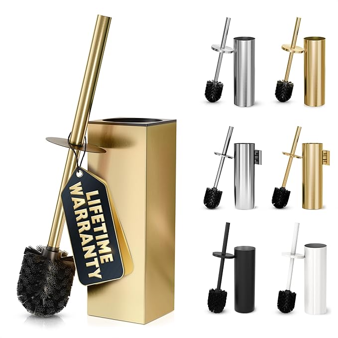 Stainless Steel Toilet Brush and Holder Set Gold & Square Design - Corrosion and Scratch-Resistant Gold Toilet Brush and Holder Set with Splash Protection - for Deep & Effective Bathroom Cleaning