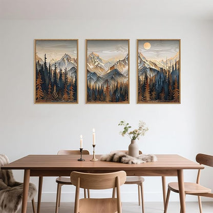 Celestdeco Wood Mountain Framed Canvas Wall Art Set, Pine Trees Wall Painting, Ridge Scenery Wall Decor, Natural Sun Landscape Art Print for Living Room, Bedroom, Dining Room, Office - 24"x36"x3