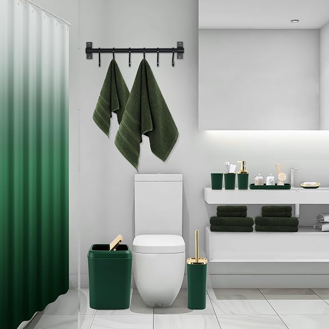 Dark Green Bathroom Accessories, 24 Pieces Green and Gold Bathroom Accessories Set with Shower Curtain, Bath Towels, Trash Can, Soap Dispenser and Soap Dish for Bathroom/Housewarming