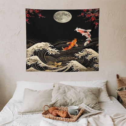 Houselerax Koi Fish Tapestry, Japanese Style Yin Yang Big Wave Cherry Blossom Tapestries Wall Hanging for Bedroom Living Room Office Decor 60"x50"