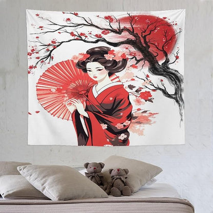 Japanese Red Geisha Tapestry Asian Cherry Blossom Traditional Kimono Folk Tapestries Home Decor for Living Room Bedroom Apartment Farmhouse Dorm 60"x50"