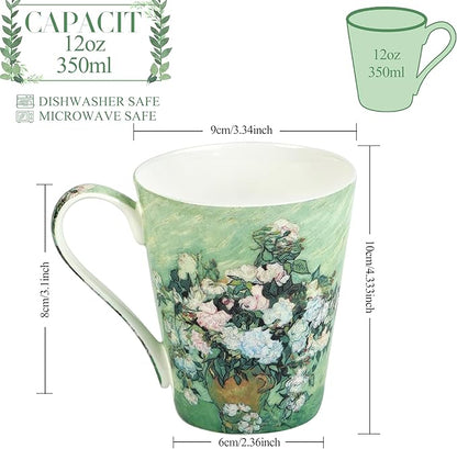 Coffee Mug Sets of 4, 12oz Bone China Porcelain Cups with Art Print Large Handle Dishwasher Microwave safe for Tea Cocoa or Hot Chocolate