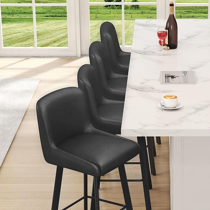 Swivel Bar Stools, 26''H Upholstered Barstools with Backs, Modern Counter Height Bar Stool Chairs for Kitchen Island, Metal Legs (Black- Faux Leather, Set of 3-26" H)