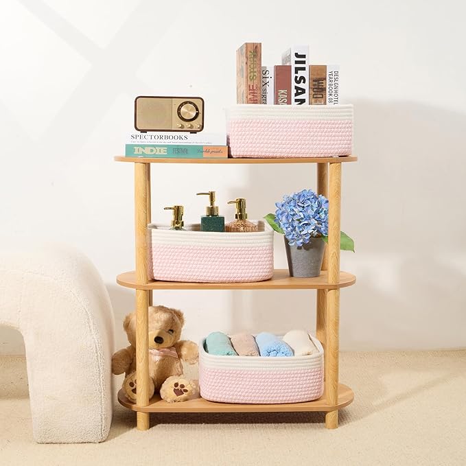 Small Storage Baskets for Organizing | Closet Organizer Bins | Shelf Toy Basket | Woven Rope Baskets | Cube Decorative Box | Shallow Basket | 13x8.5x5.1” | 4 Packs White Pink