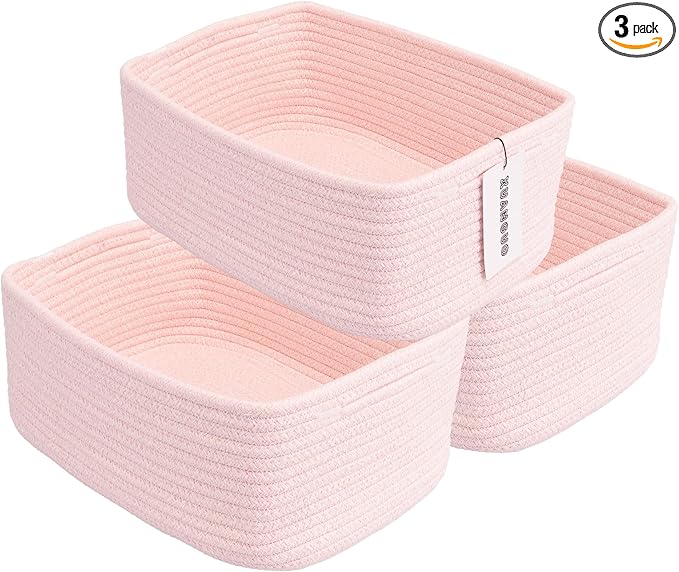 Small Woven Storage Baskets 13“X9”X5“ Decorative Rope Bins for Organizing Shelves, Closets, and Toys, Empty Gift Baskets, Cute Organizer Basket for Home and Office (pink, Large)