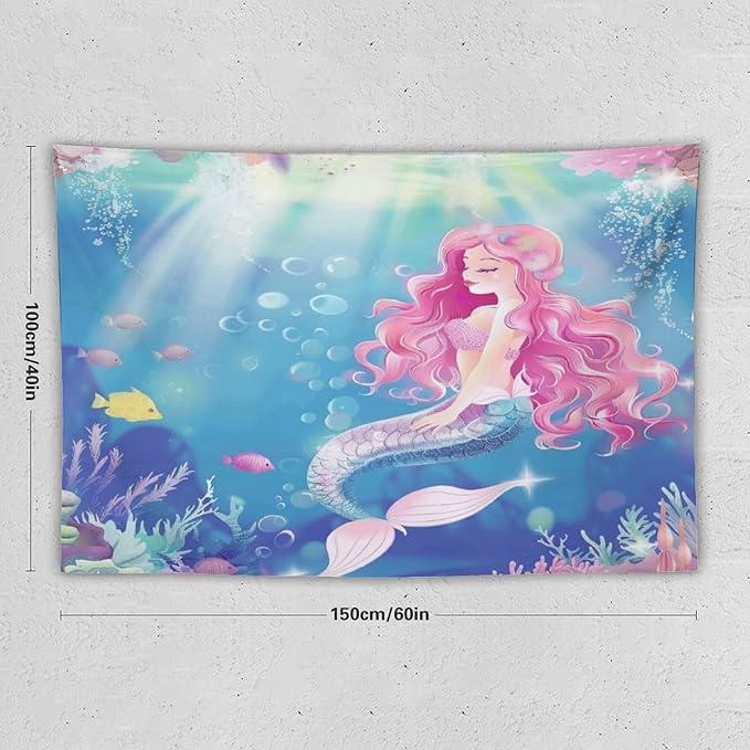 HZOHNAGO Mermaid Girls Tapestry Watercolor Mermaid Princess Pink Hair Pattern for Kids Room Decoration Printed Wall Tapestry Wall Hanging for Bedroom Living Room Dorm 60" W x 40" H