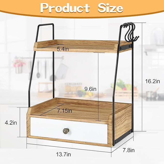 2 Tier Bathroom Counter Organizer with Drawer, Wood Bathroom Storage Shelf Counter for Cosmetic Vanity Tray Kitchen Spice Rack Coffee Station Organizer, Bathroom Decor