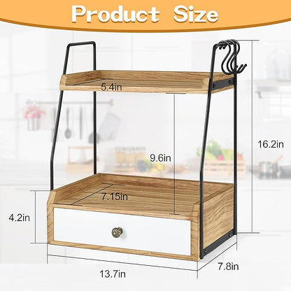 2 Tier Bathroom Counter Organizer with Drawer, Wood Bathroom Storage Shelf Counter for Cosmetic Vanity Tray Kitchen Spice Rack Coffee Station Organizer, Bathroom Decor
